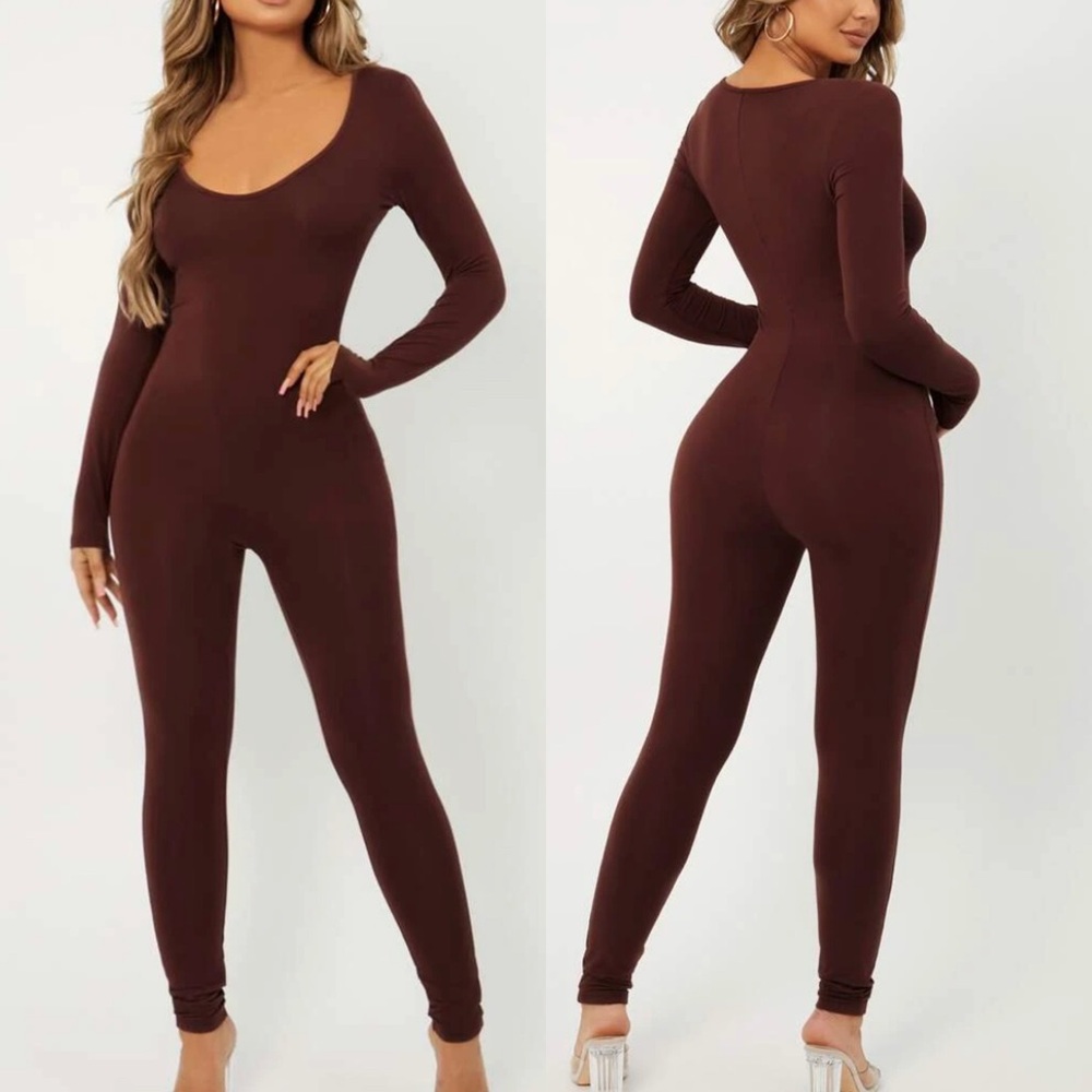 Brown long sleeve jumpsuit bodysuit S - Picture 1 of 5